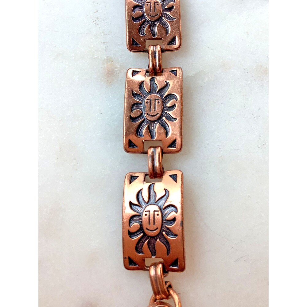 Vintage Copper Bracelet Link Southwest Smiling Sun Leo Authentic Signed 7.25"